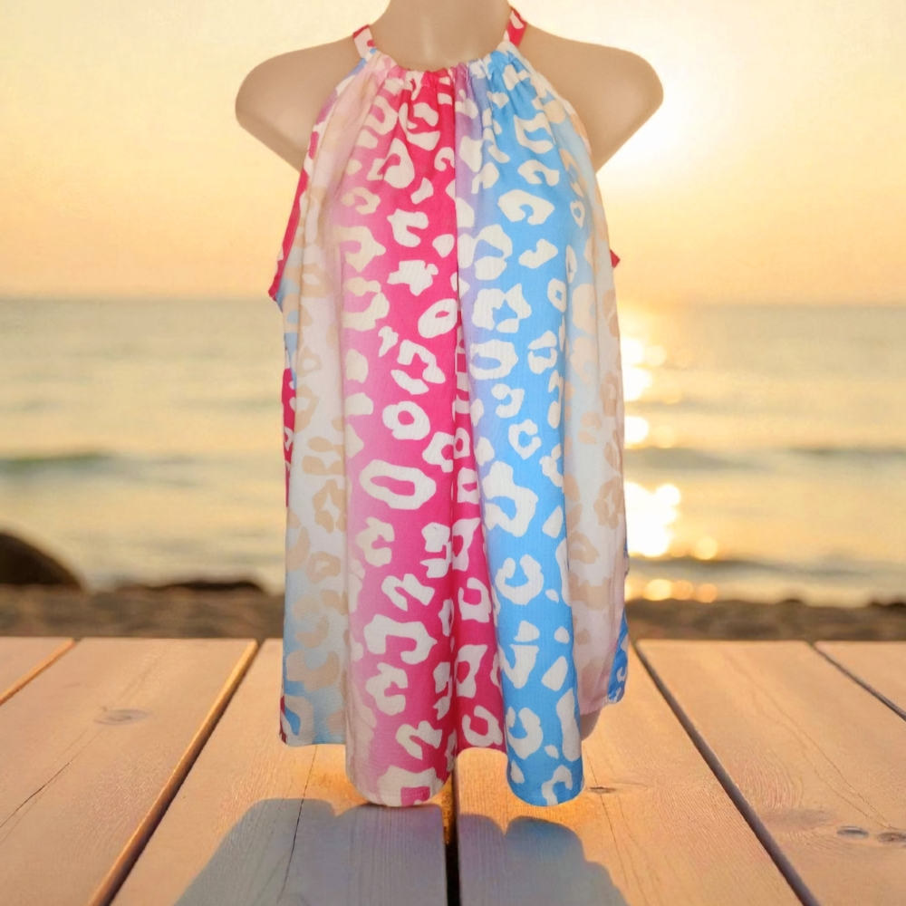 BiBi Pink and Blue Leopard Print Halter Tank Top Womens Small, Runs Big